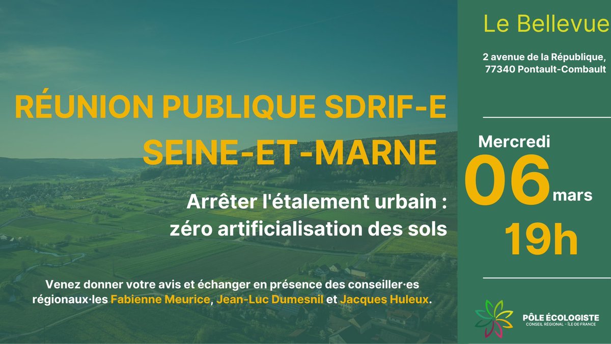 Rendez-vous ce soir à #PontaultCombault pour échanger sur l'aménagement de l'#IDF #SDRIFE et de l'artificialisation des sols. Avec le @PoleEcolo_IDF nous voulons stopper les projets écocides et sanctuariser les espaces naturels, agricoles et forestiers. poleecolo-idf.fr/sdrife/