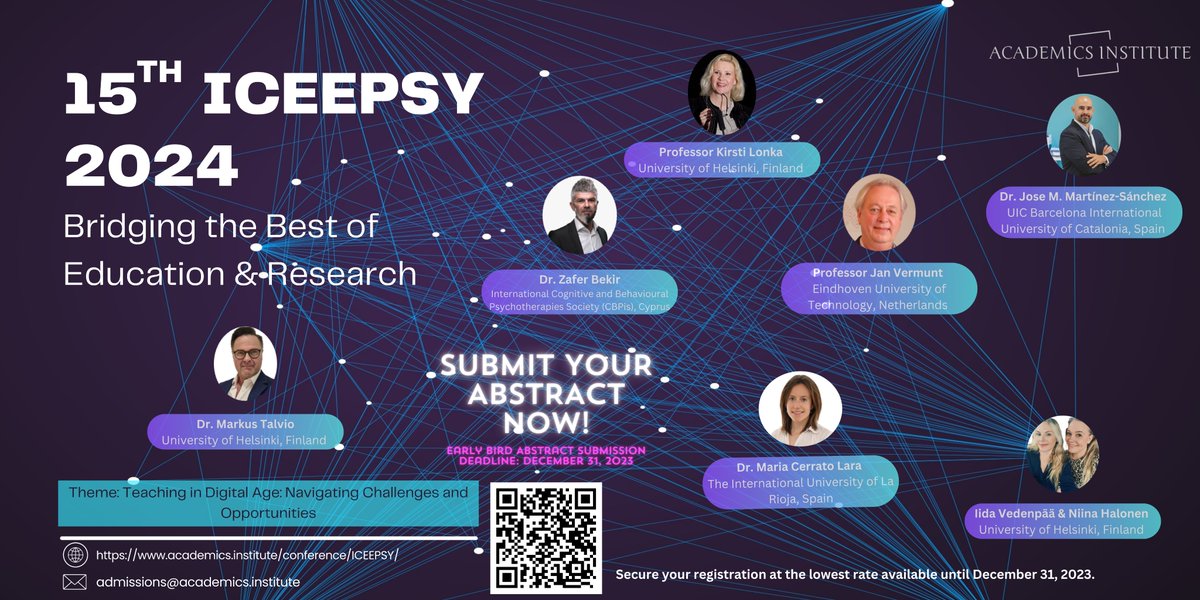 #ICEEPSY2024 will be exploring AI-Powered Pedagogy, Emerging AI Trends in Education, Assessment and Evaluation with AI. 🤖👩‍🏫👨‍🎓

If you’ve got ideas on these topics, submit your abstract here: academics.institute/abstract-submi…

#conference #madrid #callforpapers  #conference2024 #education