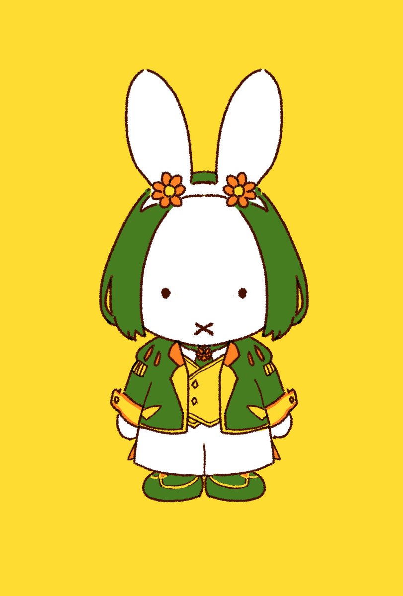 no humans simple background rabbit flower yellow background green footwear green hair  illustration images