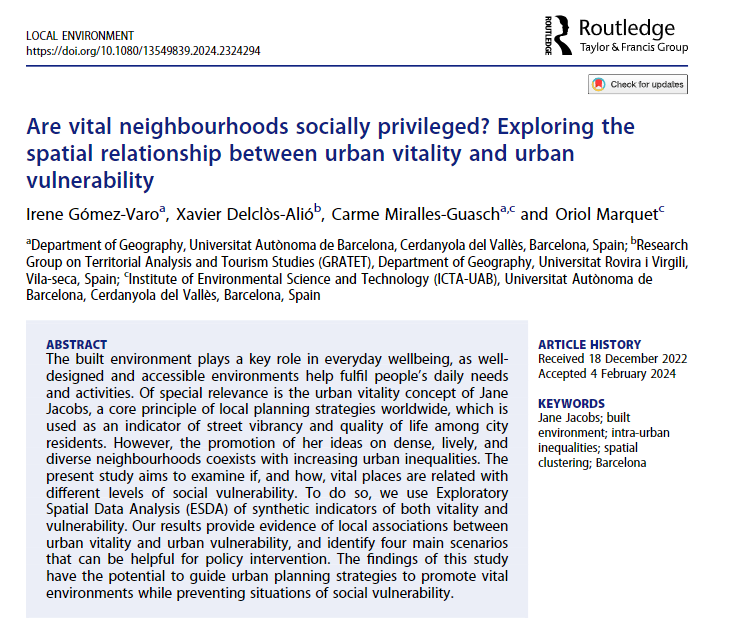 available now our work on the relationship between urban vitality & social inequalities challenging the view that vital and vibrant neighborhoods only benefit accommodated population Our research in the Barcelona metropolis reveals a more complex reality, with spatial nuances👇