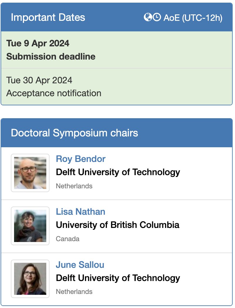 📢 Are you a doctoral student exploring ICT for Sustainability? Join the #ICT4S2024 Doctoral Symposium to engage with peers and receive valuable feedback. 
🚀 Submission Deadline: April 9, 2024 (Anywhere on Earth)
Venue: Stockholm, Sweden
Details: shorturl.at/ovR38 #PhDLife