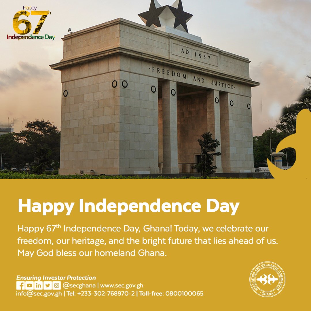 Happy 67th Independence Day, Ghana! Today, we celebrate our freedom, our heritage, and the bright future that lies ahead of us. May God bless our homeland, Ghana. #HappyIndependenceDay #SECGhana