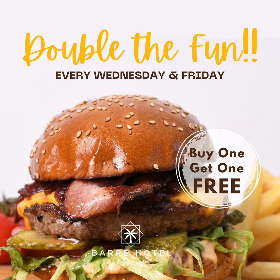 BOGO Burger Bliss!
Buy One, Get One FREE small burger every Wednesday & Friday at Barre Hotel, South C!

Double the deliciousness:

Small burger for only 450 KSH
Large burger for just 750 KSH
Don't miss out on this epic deal!

#BarreHotel #BOGO #BurgerLove #SouthC #Nairobi