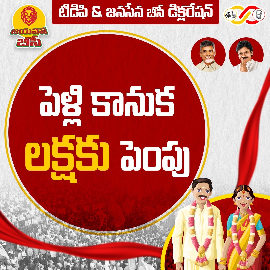 TdpSye's tweet photo. బీసీలకు ఇచ్చే పెళ్ళికానుక లక్ష రూపాయలకు పెంపు #JayahoBC #TDPWithBCs #JayahoBCdeclaration #TDPJSPTogether #TDPGoingToSweepAP #2024JaganNoMore #APElections2024 https://t.co/E5R3c0SW92