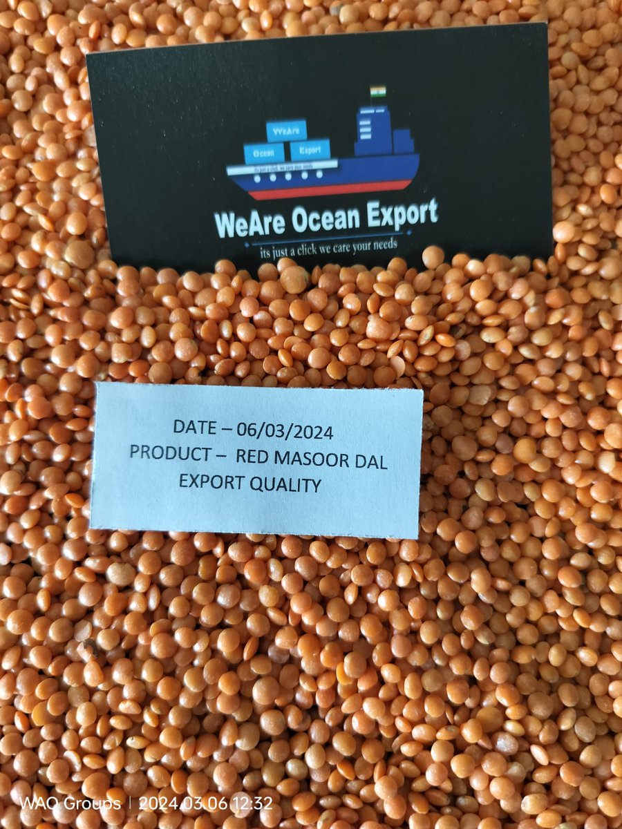 06/03/2024 - AVAILABLE RED MASOOR DAL 
  
We 'WEARE OCEAN' Export is in good position, we   will always ensure you our Best Price, & Quality.

Please ping us.    Email: procurement@weareoceanexport.com   Call/WhatsApp: +91 72001 80398

#weareocean #redmasoordal #masoordal