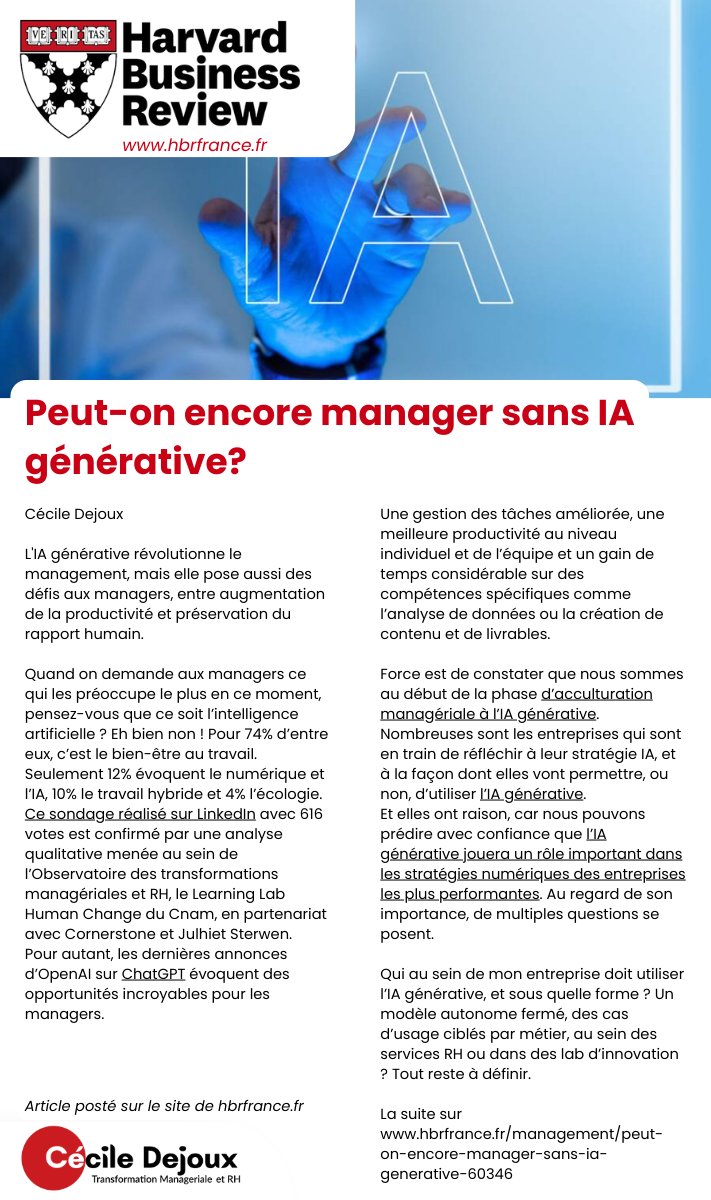 Peut-on encore manager sans IA générative ? 🤖 ▶️ Découvrez mon article pour @Harvard Business Review France ! hbrfrance.fr/management/peu… #manager #management #IA #IAgenerative @lecnam @escp_bs @csod_fr @julhietsterwen