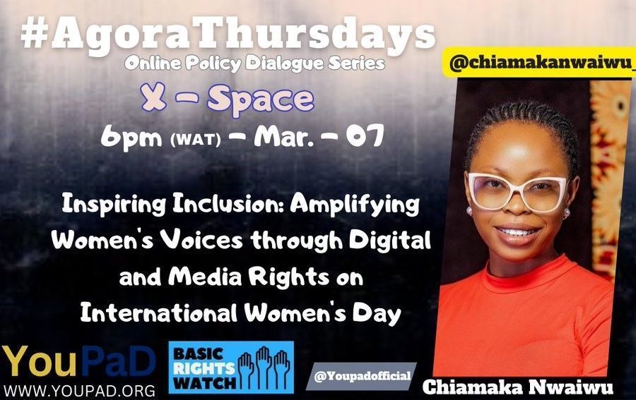Join us for an empowering dialogue as we commemorate International Women's Day 🌟 Our speaker @chiamakanwaiwu_ will be shedding light on 'Inspiring Inclusion: Amplifying Women's Voices through Digital and Media Rights'. Let's spark meaningful change together. #IWD #WomenInMedia