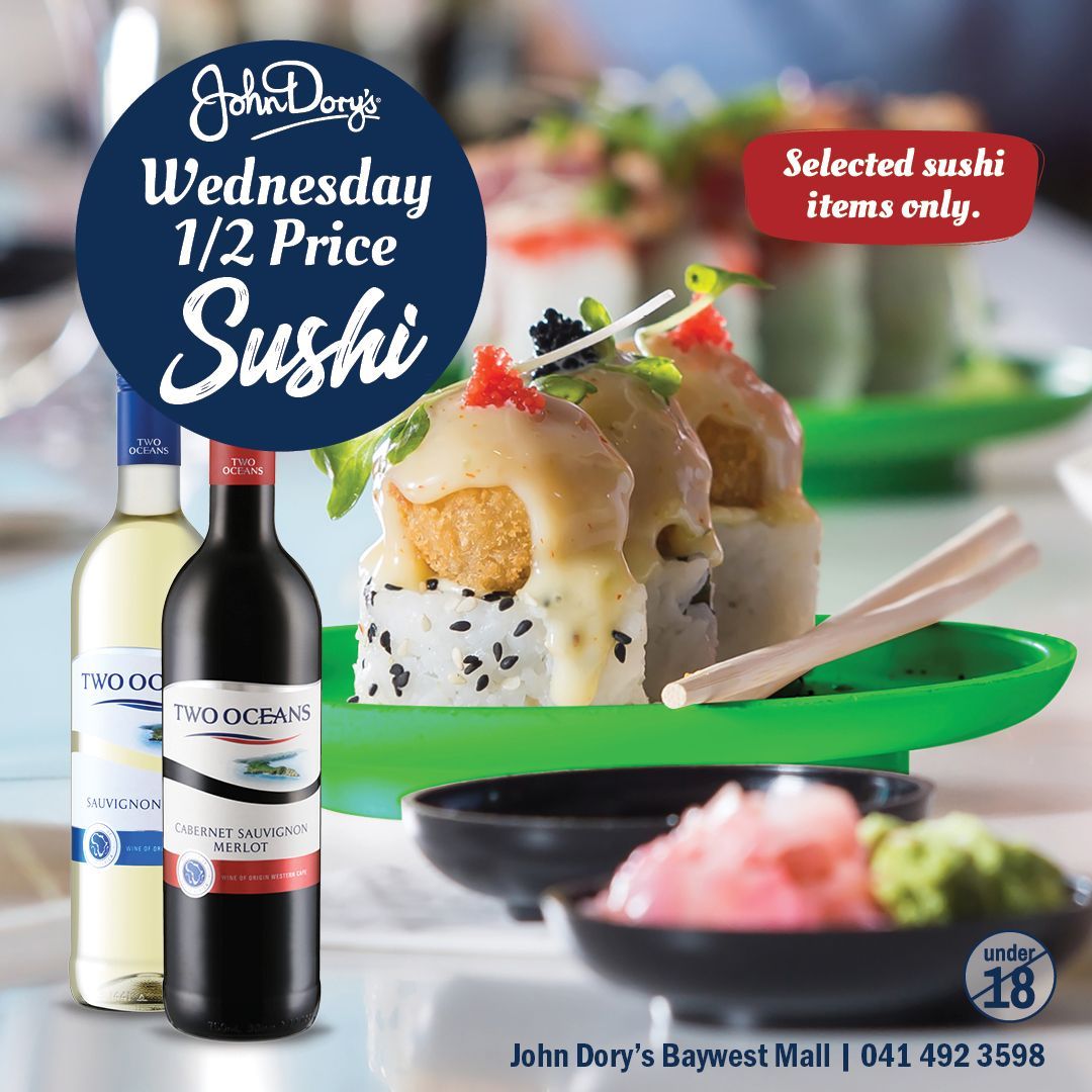 Wednesdays are for half-price sushi at @johndoryssa in Baywest Mall! 🍣 
Get half price on selected sushi items every Wednesday. Ts &amp; Cs apply. 

#BaywestMall #JohnDorys #Sushi #HalfPriceSushi