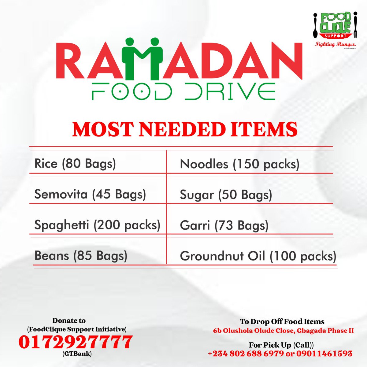 This Ramadan, you can: Donate Food Items: These are the most needed food items we need to feed the underserved people in various communities for the fasting season. We can pick up these food items from you or you can drop off at our office, 6B Olushola Olude Close gbagada phase 2