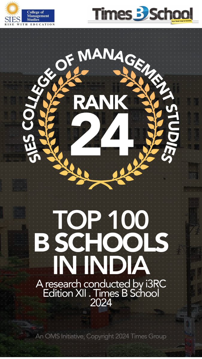 We are elated to announce that the SIES College of Management Studies has secured a notable position in the Business School landscape in India, being ranked 24th in Top 100 B-Schools in the 12th edition of the Times B-School Survey 2024.