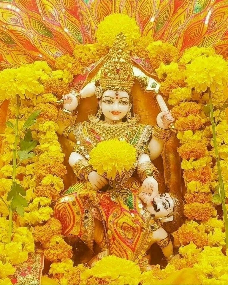 Maa Baglamukhi is propitiated with yellow offerings by devotees dressed in yellow, seated on a yellow cloth.