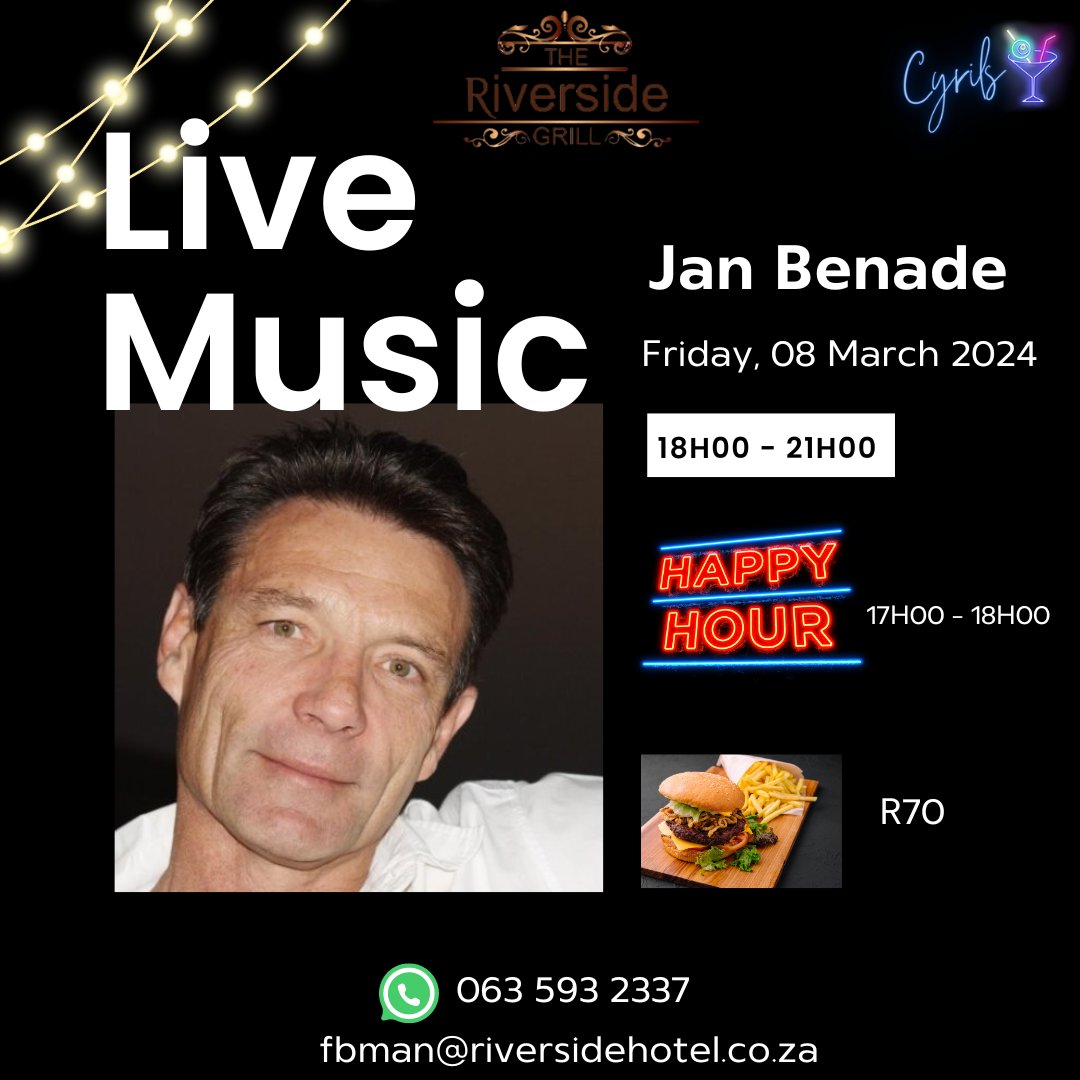 .Don't forget to book your tables for live music with #janbenade! From 18h00 - 21h00! We have happy hour from 17h00 - 18h00! Lets make this a Friday to remember!!! Contact fbman@riversidehotel.co.za or whatsapp 063 593 2337 #riversidegrill #fridaymusic #Happyhour #livemusic