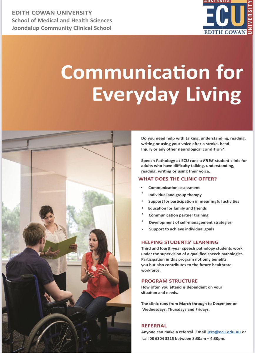 Hi #Perth colleagues - #ECUspeech offers a free student clinic at Joondalup Community Clinical School for adults with communication difficulties - please see attached flyer for more details @MHS_ECU