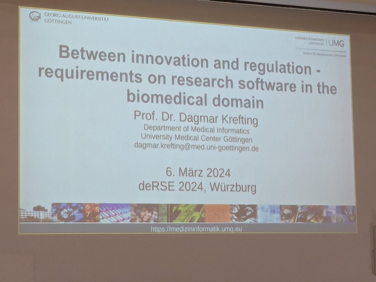 Today's keynote "Between innovation and regulation - requirements on research software in the biomedical domain" is given by Prof. Dagmar Krefting. #derse24
