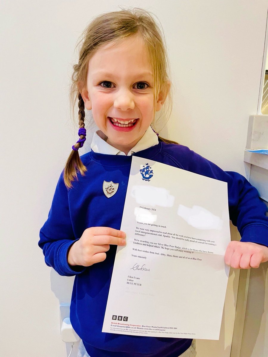 Congratulations to one of our youngest volunteers on being awarded her Blue Peter badge 🎉 She enjoys chatting and colouring with her Grandfriends and is a much loved part of our Sparkle team! #intergenerational #volunteering #grandfriends #bluepeter #bluepeterbadge