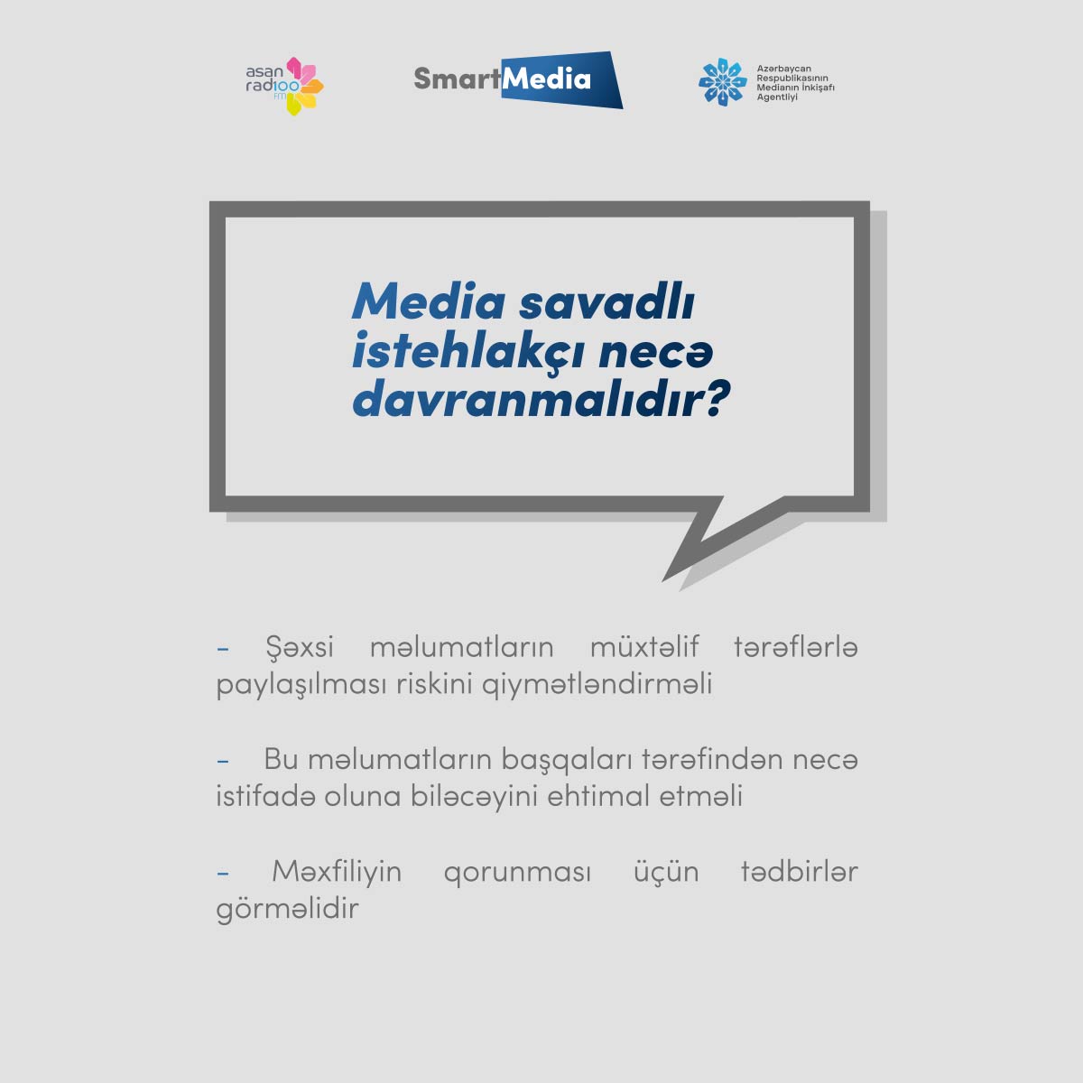 MediaGovAz's tweet photo. "Smart media" rubrikasında bu dəfə "Media savadlı istehlakçı necə davranmalıdır?" sualı cavablandırılıb.
#MEDİA #ASANRadio #100fm #mediasavadlılığı #smartmedia https://t.co/aq00qm0VEi