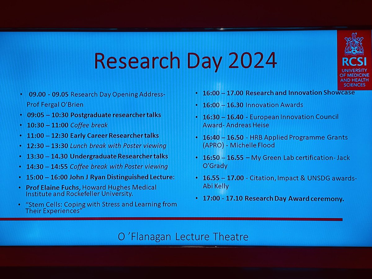 Really looking forward to @RCSI_Irl Research Day today. Great program of events with presentations across career stages and John J Ryan Distinguished Lecture presented by @ElaineFuchsLab @RCSI_Research