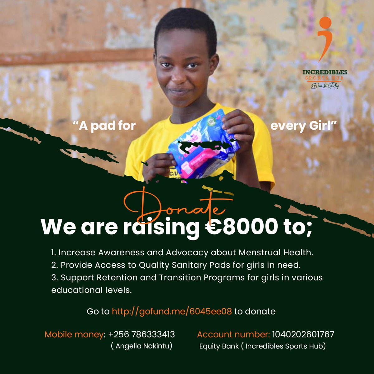 Help us make a difference and ensure access to menstrual hygiene for every girl! Join our fundraising campaign to provide pads and promote period dignity. Together, we can create a world where no girl has to miss out on opportunities because of her period.
gofund.me/6045ee08