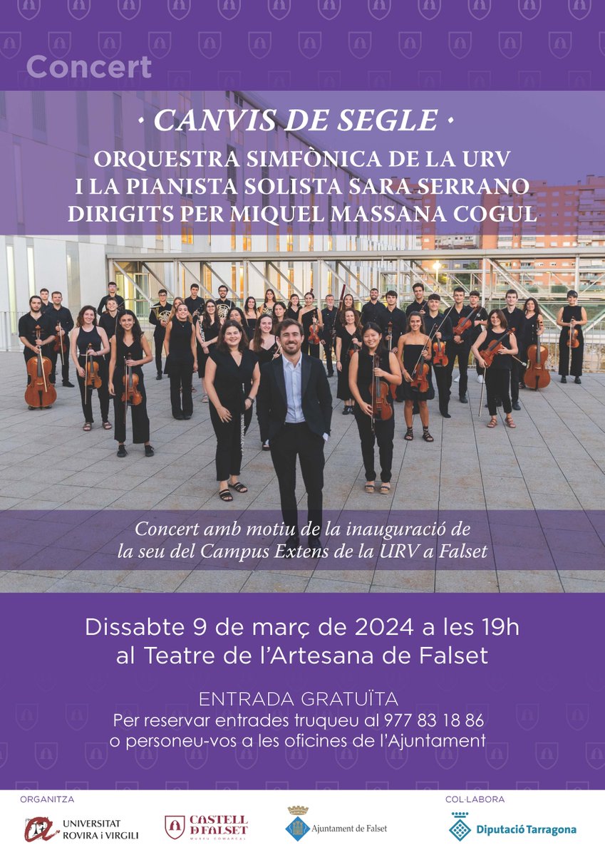 Universitat Rovira i Virgili (@universitaturv) on Twitter photo #agendaURV | Inauguració de la seu del Campus Extens de la #URV a Falset. L'acte, obert a tothom, inclou el concert "Canvis de segle", a càrrec de l'<a href="/OrquestraURV/">Orquestra Simfònica de la URV</a> i la pianista solista Sara Serrano.
🗓️Dissabte 9/03
🕛19h
📍Teatre de l'Artesana, Falset
👉events.urv.cat/agenda/show_ev… #agendaURV | Inauguració de la seu del Campus Extens de la #URV a Falset. L'acte, obert a tothom, inclou el concert "Canvis de segle", a càrrec de l'<a href="/OrquestraURV/">Orquestra Simfònica de la URV</a> i la pianista solista Sara Serrano.
🗓️Dissabte 9/03
🕛19h
📍Teatre de l'Artesana, Falset
👉events.urv.cat/agenda/show_ev…