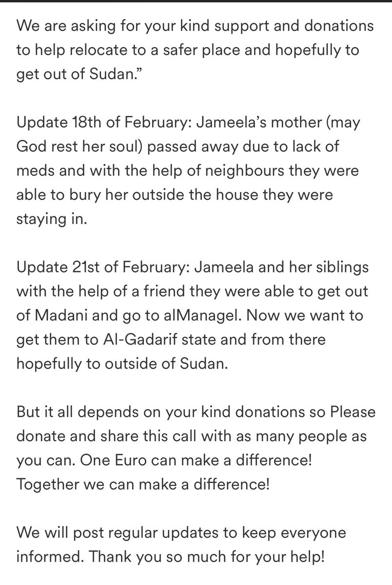 This by far is one of the most gut wrenching stories I’ve heard since war started. Please please boost and donate to Jameela and her siblings 🙏🏾 #KeepEyesOnSudan