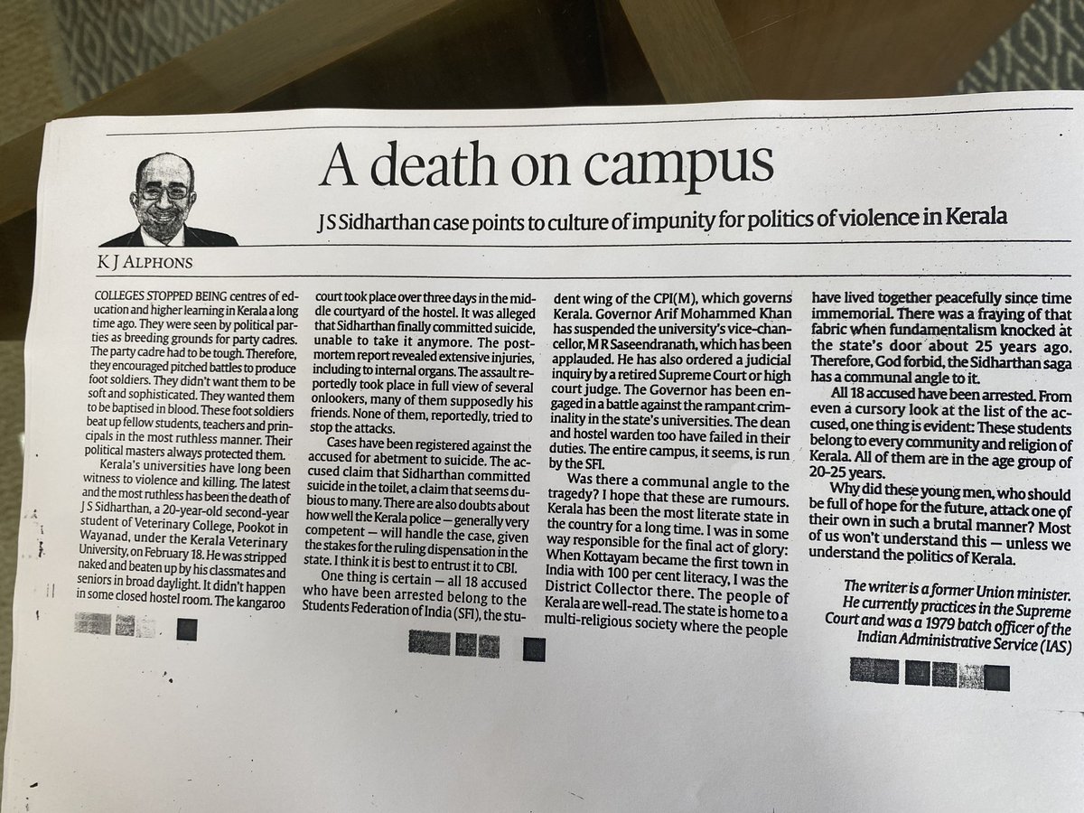 Colleges and universities are killing fields, latest being Sidharthan. Please read my article in today’s Indian Express. I think it calls for a CBI enquiry @narendramodi @AmitShah @JPNadda