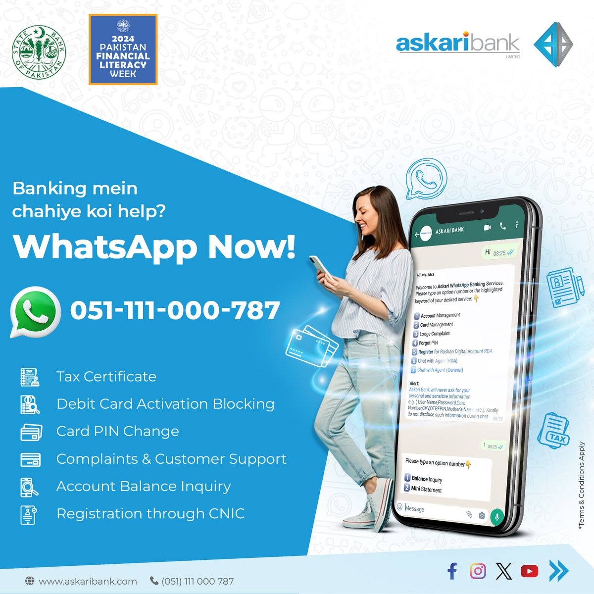 Need banking help in a snap? Askari Bank is here for you!
Simply send a WhatsApp message to 051-111-000-787 and enjoy convenient access to various services. Anytime, Anywhere!

#askaribank #weareheretohelp #WhatsAppbanking #convenienceatyourfingertips