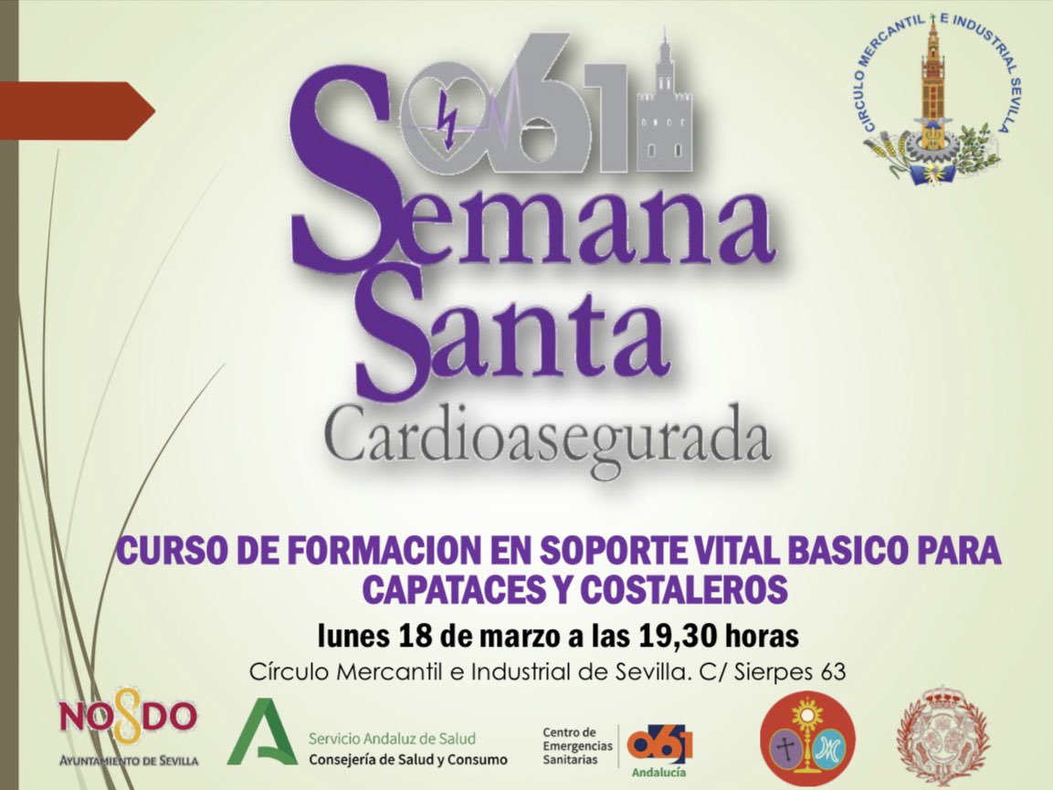 El próximo lunes 18 de marzo, a partir de las 19:30h, en el @cmisevilla, se llevará a cabo un curso de formación en soporte vital básico dirigido a los capataces y costaleros de la mano de @Ayto_Sevilla, @saludand, 061 y @ElConsejoSev.