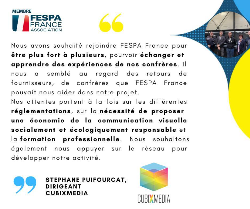 | Nouveau membre |🤝👍

CUBIXMEDIA (91), spécialiste en impression numérique grand format, , vient de rejoindre FESPA France.

Bienvenue à Stéphane PUIFOURCAT et à toute l'équipe de CUBIXMEDIA !

👉 Si vous aussi vous souhaitez nous rejoindre : fespa-france.fr/rejoindre-fesp…