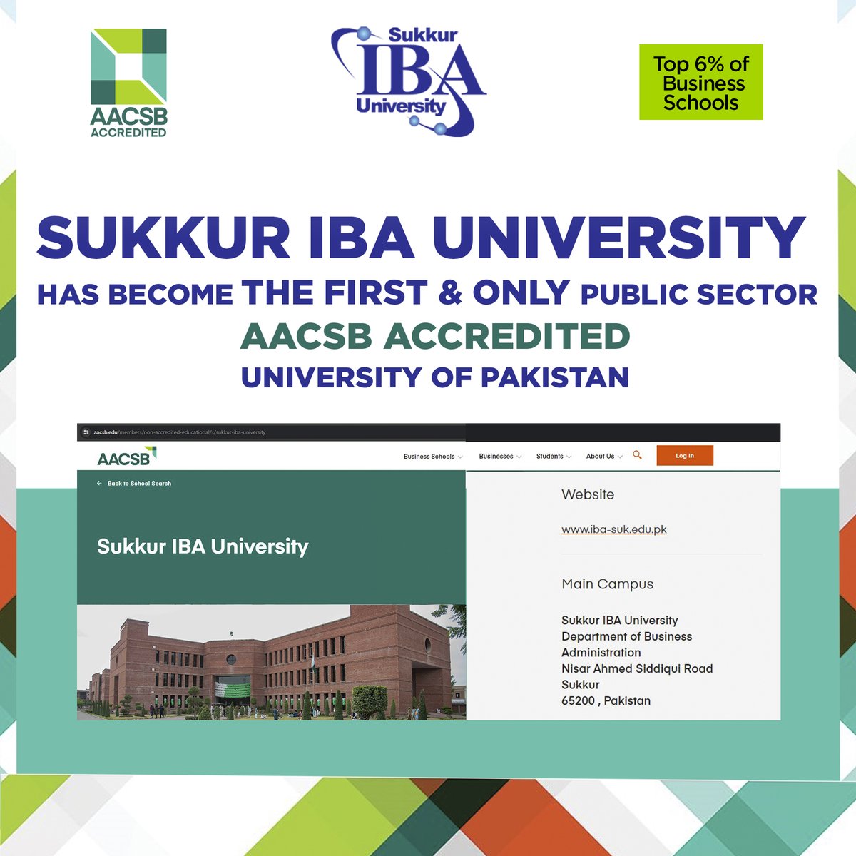 Exciting News! Sukkur IBA University has achieved the prestigious International AACSB Accreditation – a feat accomplished by only 6% of schools worldwide. #aacsbaccreditation #SukkurIBAExcellence #GlobalRecognition
