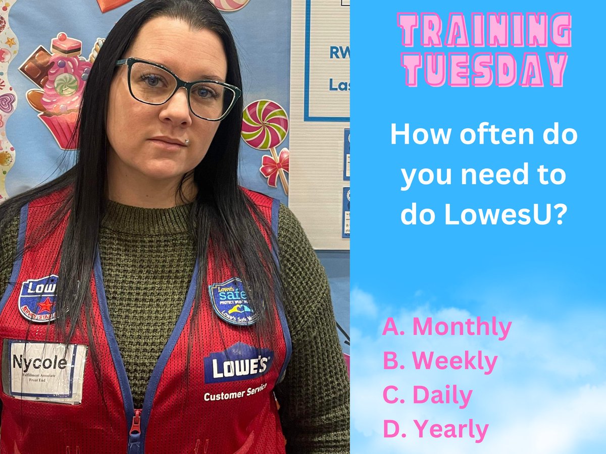 Training Tuesday 🍬 
#FrontEnd1660
Answer: C. Monday. AP4Me drop in every Monday. Make sure to level up your 🦈 
See you next Tuesday for the answer for this week question 
<a href="/BlueTeam_R21/">Lowe’s Region 21</a>