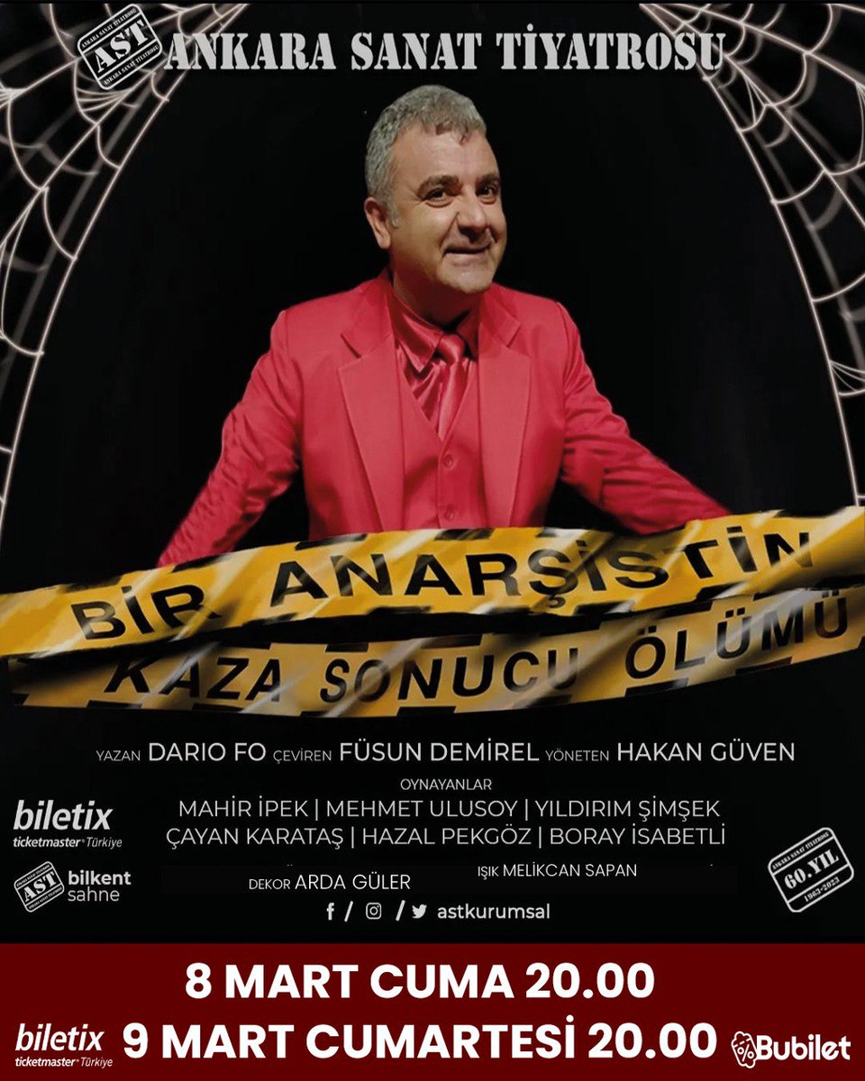 🎭 Bir Anarşistin Kaza Sonucu Ölümü 🎭 İtalyan yazar Dario Fo'nun ödüllü kara komedisi 'Bir Anarşistin Kaza Sonucu Ölümü' Mart ayında AST Bilkent Sahne'de. 📅 8 Mart Cuma, 9 Mart Cumartesi 🕛 20.00 📍 AST Bilkent Sahne 🎟 Biletix, Bubilet, Gişe biletix.com/etkinlik/3AS09…