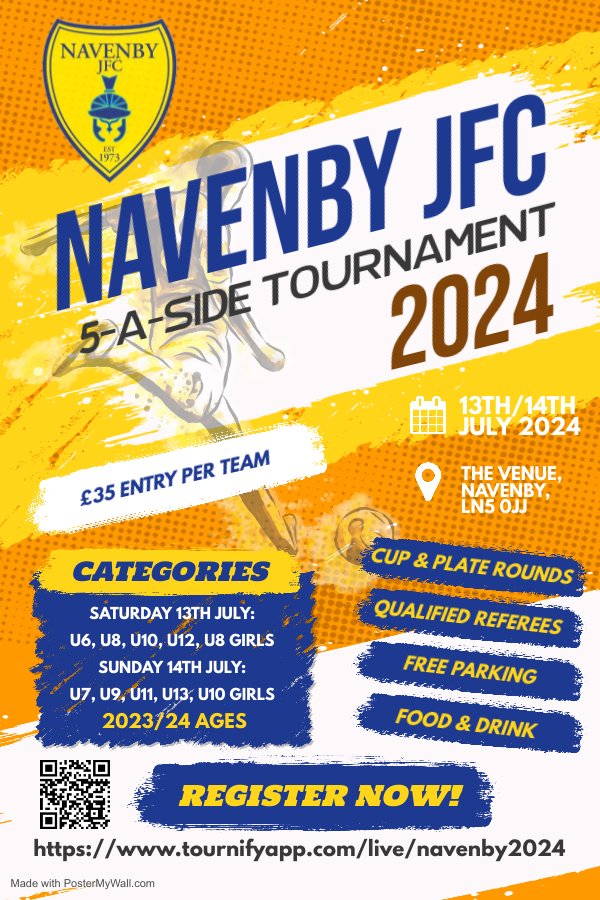 Our U8s tournament is now full! But there's still a few spaces available in our other age categories. Sign up here: tournifyapp.com/live/navenby20…