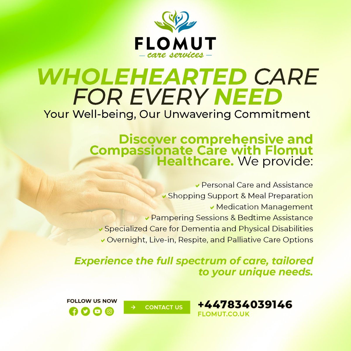 Experience the warmth and exceptional support of Flomut Healthcare. Specializing in compassionate care for those with dementia and physical disabilities, we're here to brighten and ease your daily life.