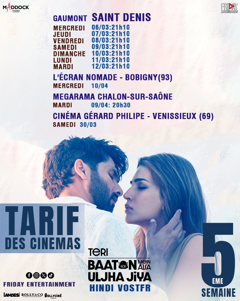 Go watch the perfect blend of blockbuster romance, comedy and family drama!

#TeriBaatonMeinAisaUljhaJiya, running successfully in cinemas in France ! 🎟

@shahidkapoor @kritisanon #DharmendraDeol #DimpleKapadia #RakeshBedi #AnubhaFatehpuria @Rajesh_rosesh #GrushaKapoor