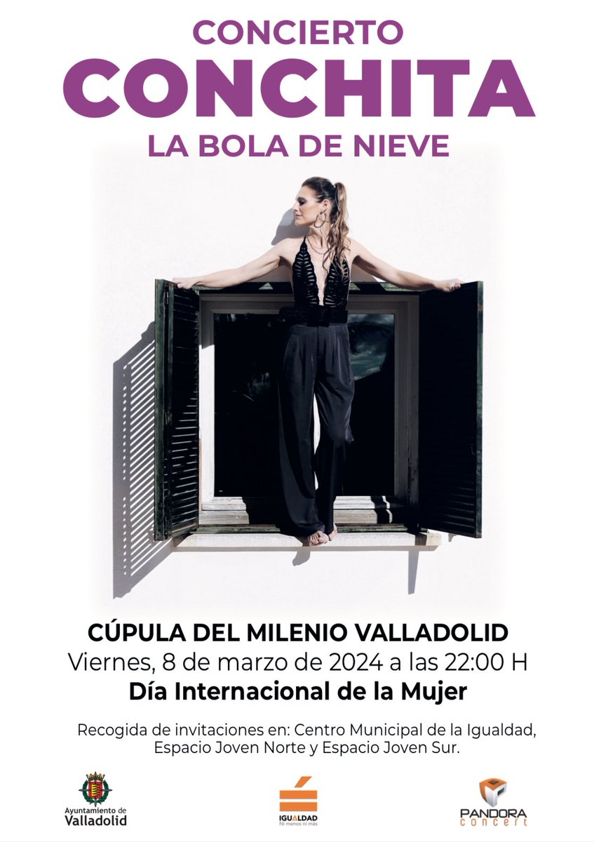 Rodrigo Nieto (@rodriniga) on Twitter photo Este viernes, a las 22 h, celebramos el Día Internacional de la Mujer #8M con <a href="/OficialConchita/">Conchita</a> en la Cúpula del Milenio #Valladolid.
¡Es gratis!
Ya puedes recoger tus invitaciones en:
🟣 Centro Municipal de Igualdad. C/ Antonio Royo Villanova, s/n
🟣 <a href="/EJnorteVLL/">espaciojovennorte.es</a>
🟣 <a href="/ejovensurVA/">Espacio Joven Sur</a> Este viernes, a las 22 h, celebramos el Día Internacional de la Mujer #8M con <a href="/OficialConchita/">Conchita</a> en la Cúpula del Milenio #Valladolid.
¡Es gratis!
Ya puedes recoger tus invitaciones en:
🟣 Centro Municipal de Igualdad. C/ Antonio Royo Villanova, s/n
🟣 <a href="/EJnorteVLL/">espaciojovennorte.es</a>
🟣 <a href="/ejovensurVA/">Espacio Joven Sur</a>