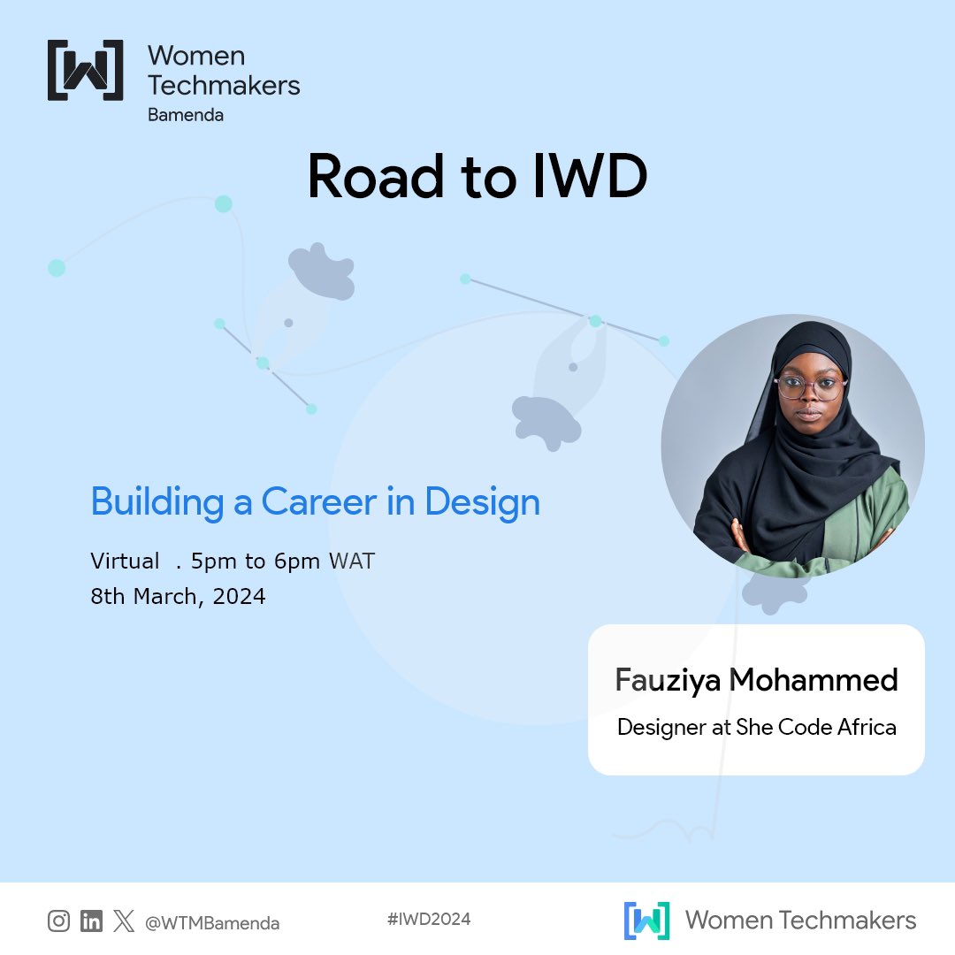 WTMBamenda's tweet photo. #RoadToIWD: Buliding a Career in Design

We are excited to bring to you @Ziya_mg - a designer at @SheCodeAfrica as our guest speaker.

Date: March 8th 2024
Time: 5:00pm 

RSVP to access the event link: https://t.co/qFyD72WMCa

NB: Men are welcome to attend 😊
#WTMBamendaIWD2024 https://t.co/KPwT7oUSFh