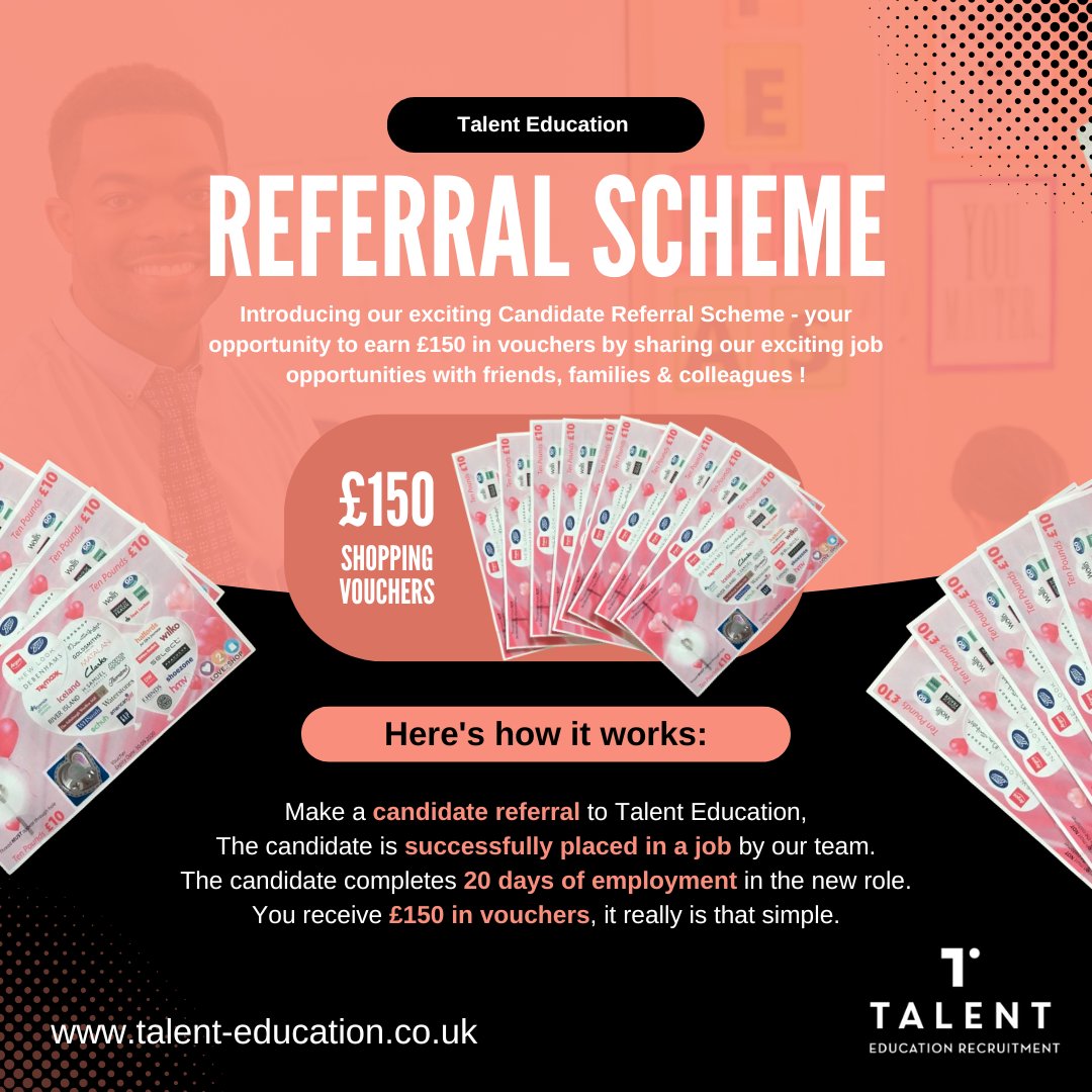 Did you know we offer a #ReferralScheme at Talent Education? 🤔

Introduce a potential candidate to our team and not only help someone you know secure their new job but receive £150 in shopping vouchers for your troubles! 💷

#Education #TalentEducation #OldhamHour