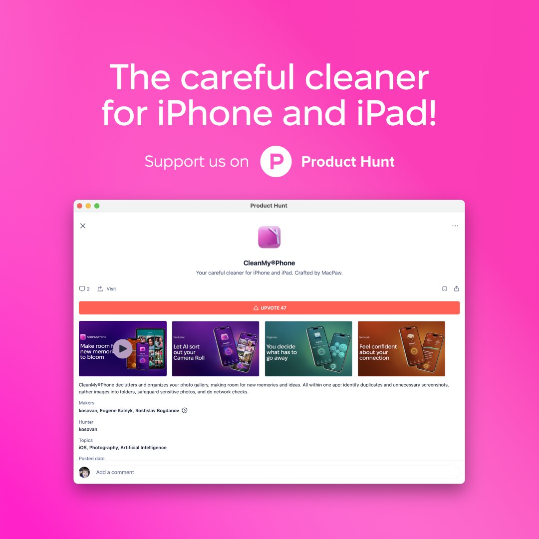 Being featured on Product Hunt means something like top Netflix picks of the week💅🏼Follow the link to say some words of support: producthunt.com/posts/cleanmy-…