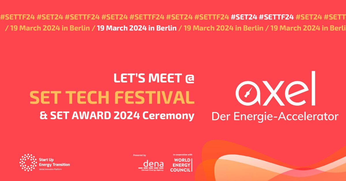 SET Tech Festival 2024 - 19 March 2024 in Berlin!

Finde out more: startup-energy-transition.com/set-tech-festi…

AXEL - Der Energie-Accelerator is pleased to be an Ecosystem Partner and will have an exhibition stand at the festival.

#SETTF24 #SET24 #accelerator #energiewende #startups
<a href="/StartUpGET/">Start Up Energy Transition (SET)</a>