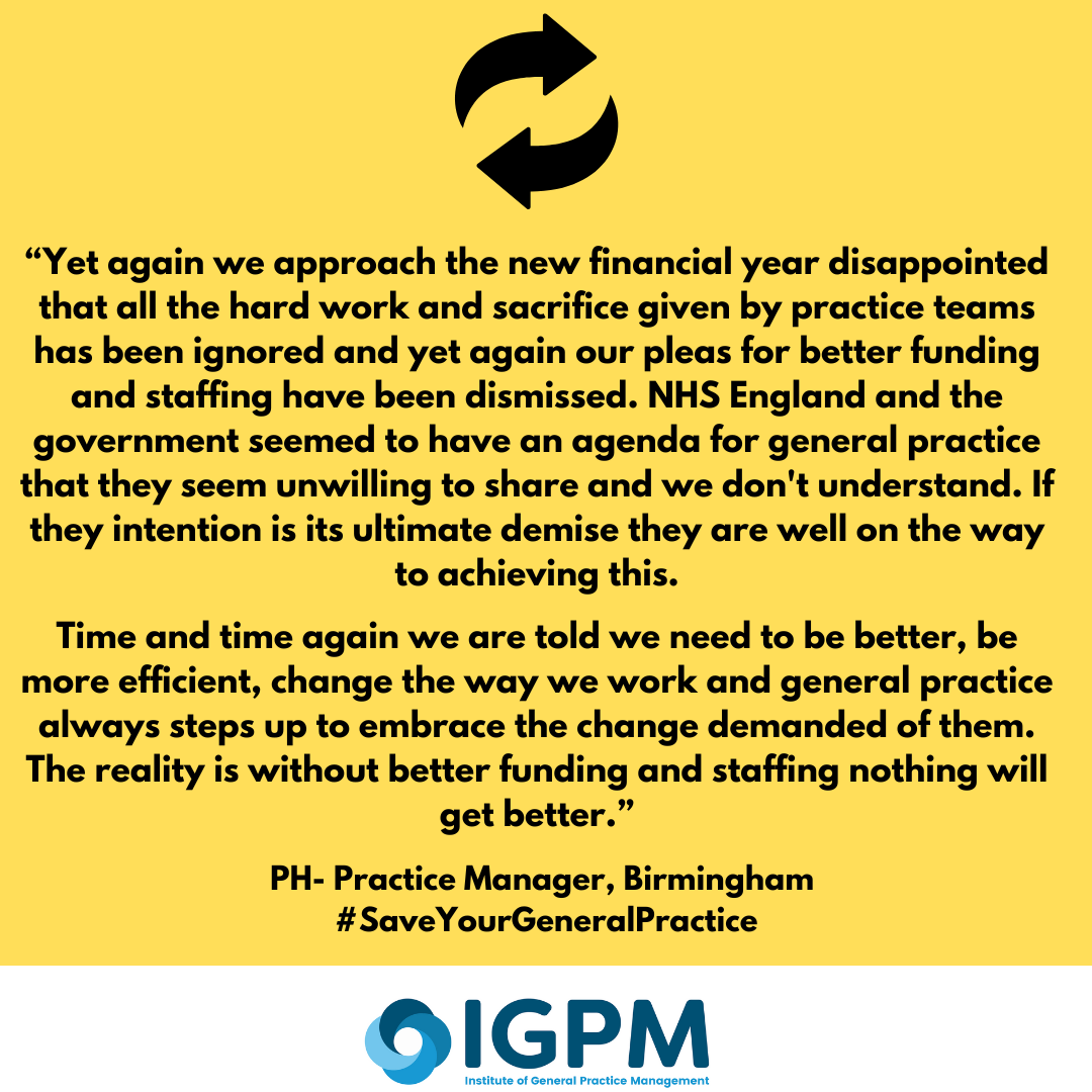 TheIGPM's tweet image. What is the Governments agenda for #GeneralPractice? Our members say that without better funding for staffing &amp;amp; services nothing will improve. We have always stepped up to the challenge, but this is one too many

Please write to your #MP &amp;amp; ask them to #SaveYourGeneralPractice