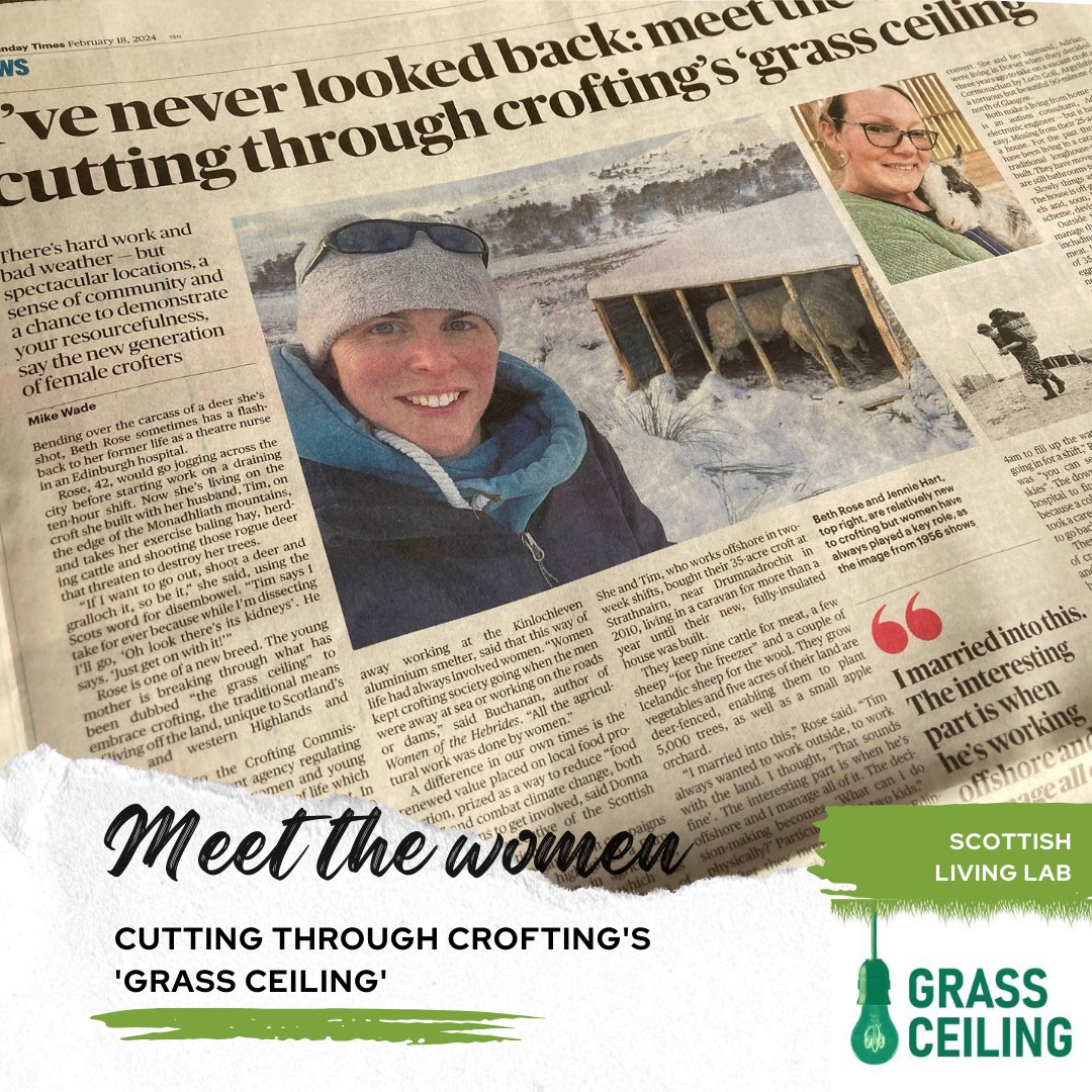 Meet the women cutting through crofting's 'grass ceiling' 👉 Crofters Jen and Beth from the Scottish Living Lab are featured in ‘The Sunday Times’❗

Jen and Beth are part of the Scottish #LivingLab of #GRASSCEILING led by @NICRErural @ScotCroftingFed 

birchwoodcroft.scot/2024/02/28/the…