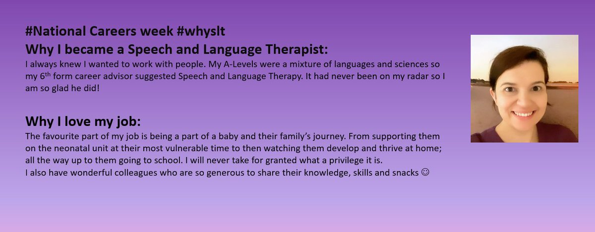 Next up on #nationalcareersweek #whyslt is @sarahsaundSLT our Neonatal SLT! 💜🌟🤩
@RCSLT @LancsHospJobs