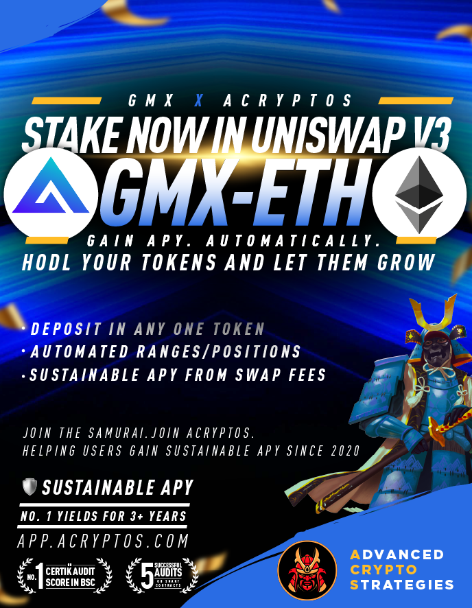 How does our $GMX / $ETH vault work?

With our ACryptoS Conc. Liquidity Manager,
you earn sustainable swap APY from #UniswapV3💰

Our strategies handle everything once you deposit
🔵auto setting of ranges/positions
🔵deposit in either GMX or ETH
🔵automated rebalancing
Details👇