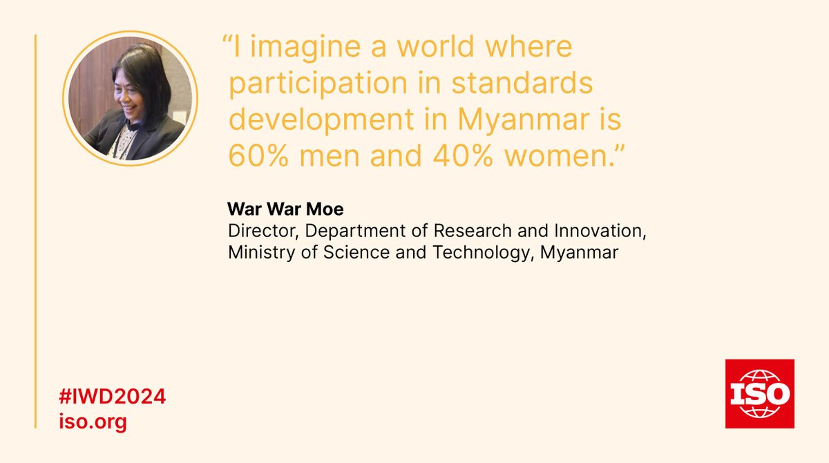 Our member in Myanmar is taking important steps to ensure gender-balanced standards development processes are the norm🙌 Investing in women bridges the gap for #genderequality in standardization, bringing us closer to a future which benefits and meets the needs of all. #IWD2024