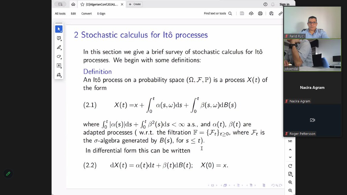Session 1 - Talk 2
Pr. Bernt Oksendal (UiO) Stochastic control with Application to Mathematical Finance