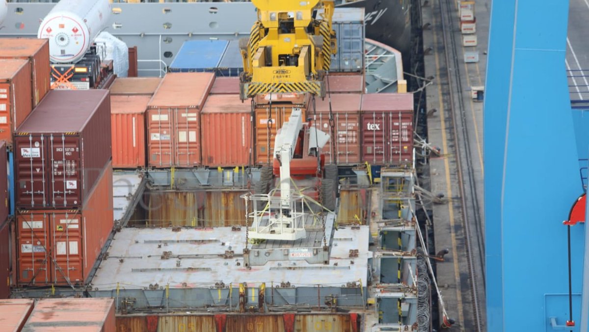 Cranes offloading containers from MV Jolly Giada at the Kenya Ports  Authority in Mombasa county on Wednesday 6th March 2024. The Ignazio Messina  Line vessel is 260 meters long and has a, image size:1200x676