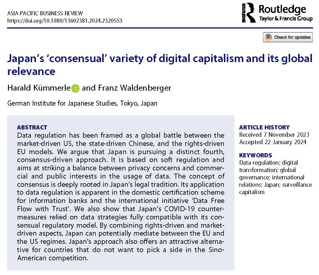 DIJ Tokyo (@dij_tokyo) on Twitter photo US, China, EU as models? <a href="/HaraldKuemmerle/">Harald Kümmerle</a> & <a href="/franzDIJTokyo/">Franz Waldenberger</a> argue that Japan is pursuing a distinct fourth, consensus-driven approach to data regulation #DFFT in this new Asia Pacific Business Review <a href="/tandfonline/">Taylor & Francis Research Insights</a> research article, online first <a href="/japansocsci/">Japan Social Science Research</a> doi.org/10.1080/136023… US, China, EU as models? <a href="/HaraldKuemmerle/">Harald Kümmerle</a> & <a href="/franzDIJTokyo/">Franz Waldenberger</a> argue that Japan is pursuing a distinct fourth, consensus-driven approach to data regulation #DFFT in this new Asia Pacific Business Review <a href="/tandfonline/">Taylor & Francis Research Insights</a> research article, online first <a href="/japansocsci/">Japan Social Science Research</a> doi.org/10.1080/136023…