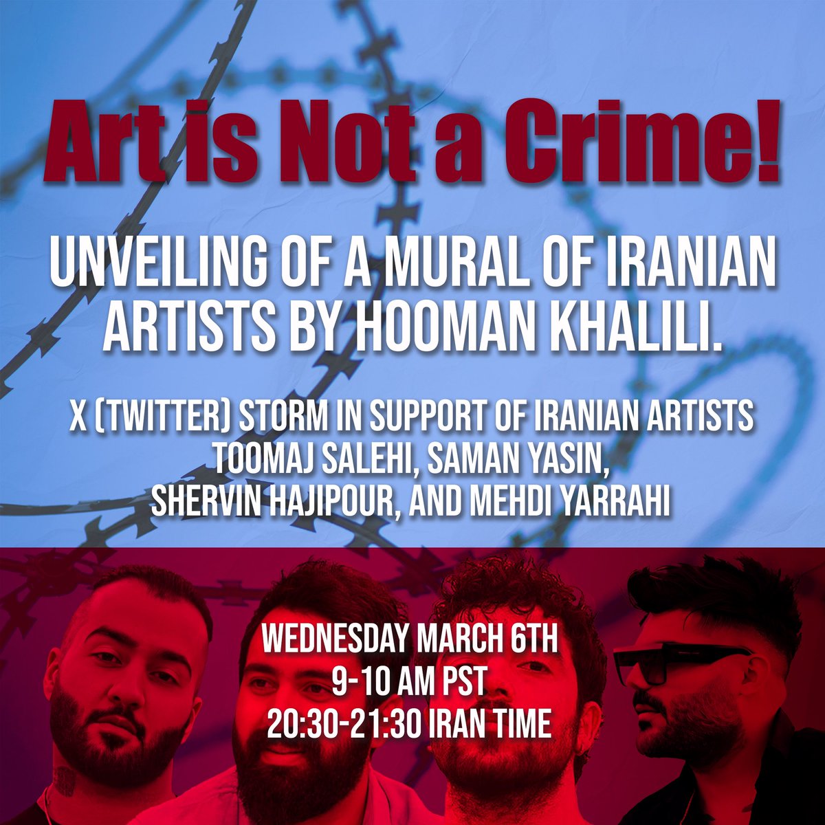 Art is not a crime! A mural of Iranian artists by Hooman Khalili will be unveiled on Wednesday, March 6th in the US. Hooman Khalili painted 9 murals about the Mahsa Amini uprising in Israel and 1 mural in Los Angeles. In support of Iranian artists #SamanYasin , Toomaj Salehi,…