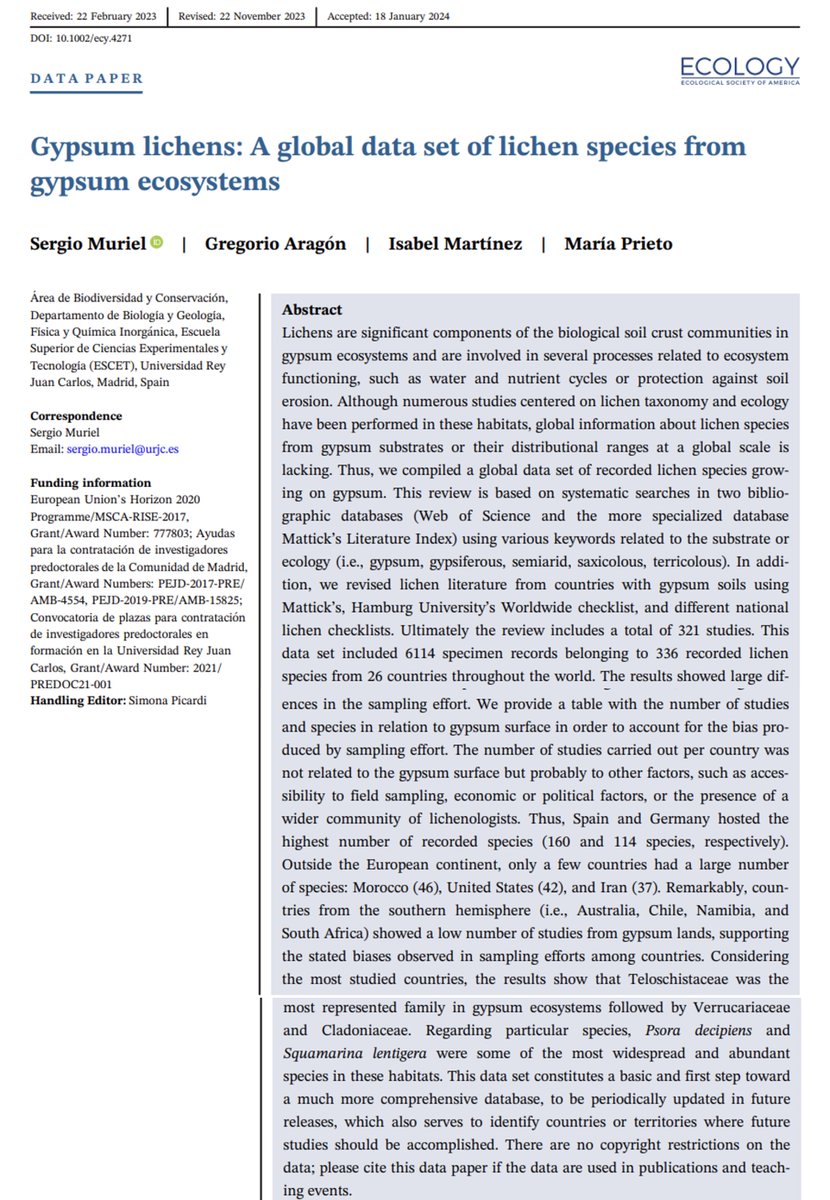 Enhorabuena al #biodiverso S.Muriel por el artículo publicado en <a href="/ESAEcology/">Ecology</a> "Gypsum lichens: A global data set of lichen species from gypsum ecosystems" y el primero de su #TesisDoctoral <a href="/URJCcientifica/">URJCcientifica</a> <a href="/gypworldproject/">Gypworld Project</a> <a href="/LichenWorld/">LichenWorld</a> <a href="/SEL_liquen/">Sociedad Española de Liquenología (SEL)</a>  esajournals.onlinelibrary.wiley.com/doi/full/10.10…