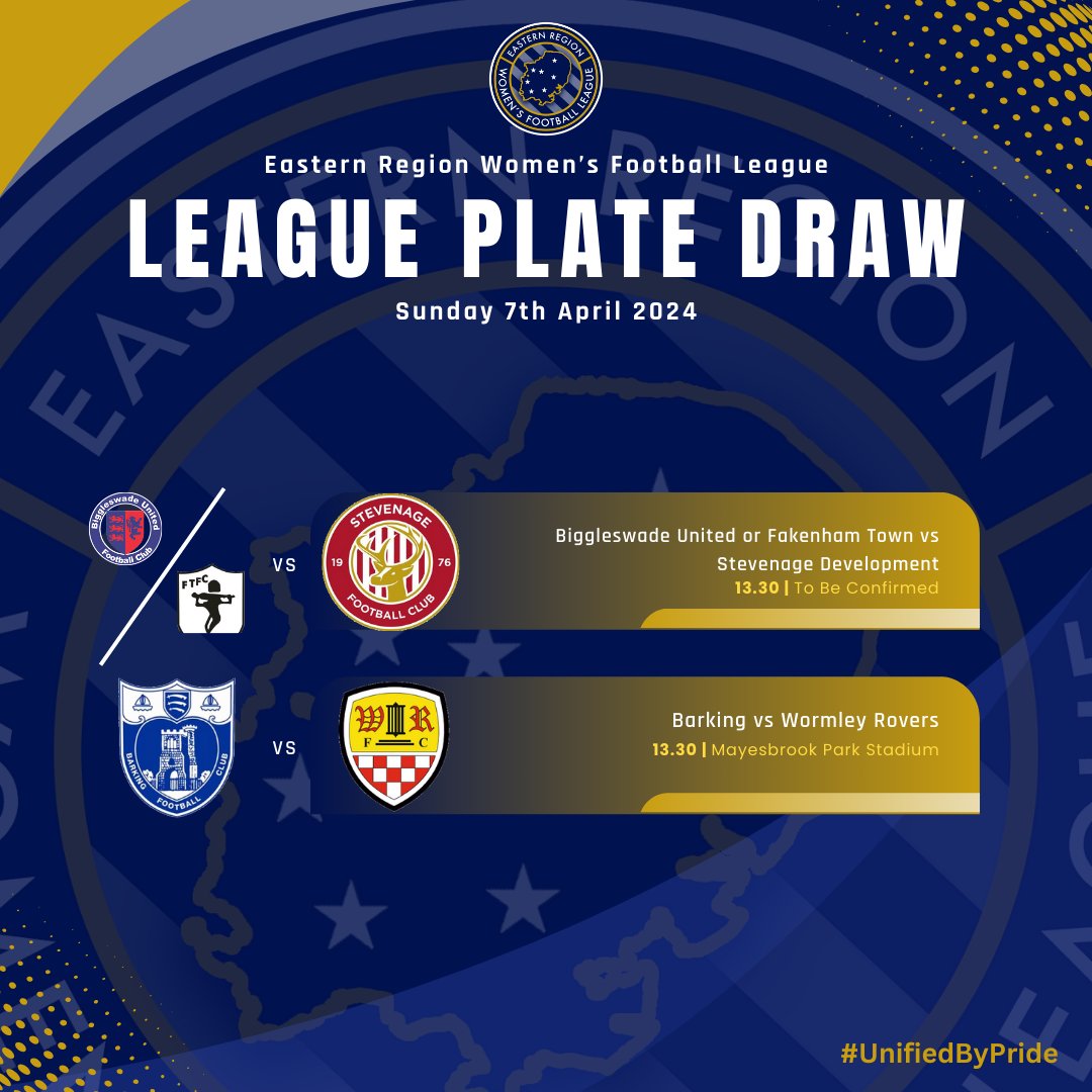 🏆 League Plate Draw The draw has been made for the Semi Final of the League Plate @StevenageFCW Devs will travel to either @WomenBUFC or @FakenhamTownLFC whilst @WormleyGirlsFC will travel to face @BarkingFCWomen 🗓️ Ties to take place on Sunday 7th April #UnifiedByPride